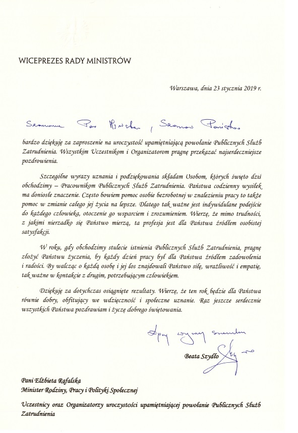 List od Wicepremier Beaty Szydło